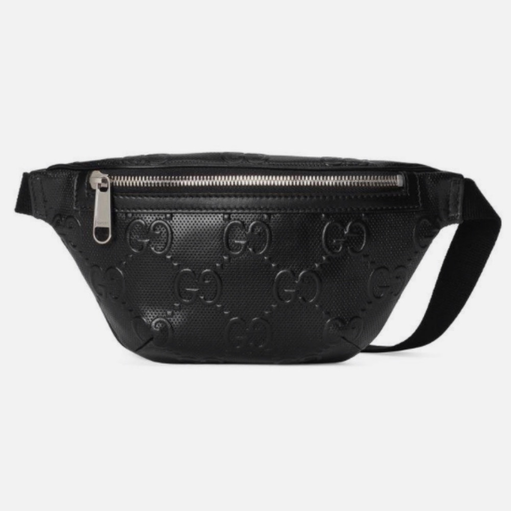 Gucci Black Embossed Leather Belt Bag with Silver Hardware